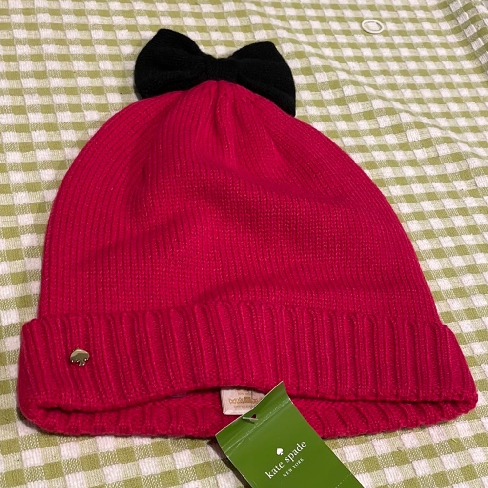 Kate Spade Color Block Bow Beanie Pink Black NWT